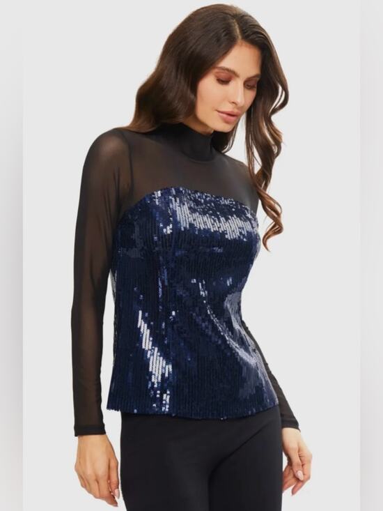 Anthropologie Tops - Maeve by Anthropologie Long-Sleeve Sheer Sequin Top in Black and Blue M